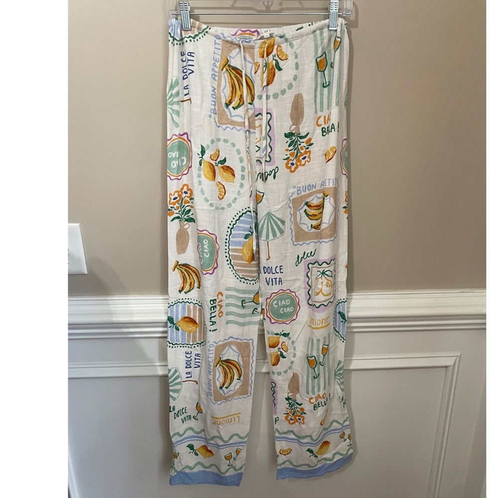 Label of Love Dolce Vita Linen Blend Italy Vacation Print Wide Leg Pants Size M